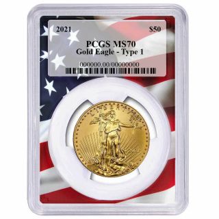 2021 $50 Type 1 American Gold Eagle 1 Oz.  Pcgs Ms70 Flag Frame