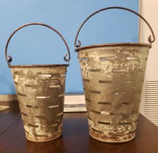 2 Vtg Galvanized Metal Fishing Bait Buckets Cans Minnows,  Chad,  Worms.  In Water.
