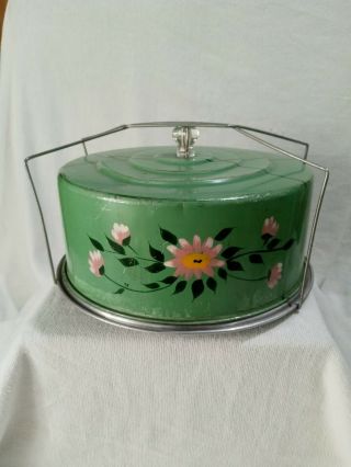 Vintage Shabby Green Carlton Tin Metal Cake Carrier Keeper Locking Handle Floral