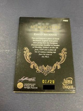 2018 Futera Unique David Beckham Memostars Gold Framed Dual Jersey Card 1/29 1/1 2