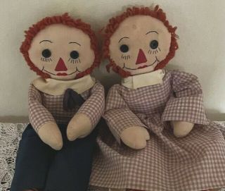 Vintage Raggedy Ann & Andy Cloth Rag Dolls Handmade Matching Pair 20”