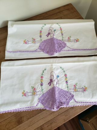 Vintage Lady Garden Girl Purple Southern Belle Embroidered Crocheted Pillowcases