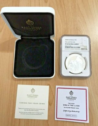 Ngc Pf69 2020 Uk St.  Helena Una And The Lion 1 Oz Silver Coin Proof Box