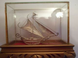 Miniature Chinese Silver 925 Filigree Junk/Boat in Glass Case 2