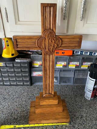 Big Antique Church Altar Standing Inlay Cross Carved Wood