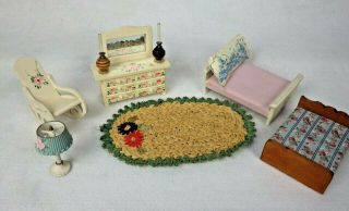 Vintage Dollhouse Miniature Wooden Bedroom Furniture Set With Woven Rug