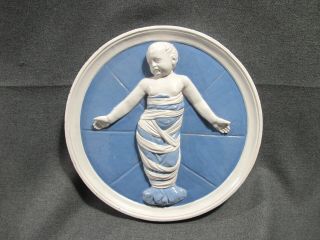 Antique Early Xx Century Cantagalli Della Robbia Infant Jesus Ceramic Plaque