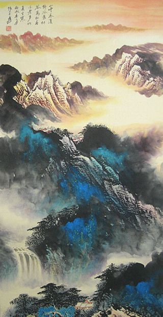 Chinese 100 Hand Scroll Painting Splash - Color Landscape By Zhang Daqian张大千 泼彩