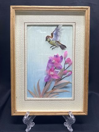 Vintage Bird Feather Art Shadow Box Style 3D Birds Flowers Framed 10 1/2 X 7 1/2 2