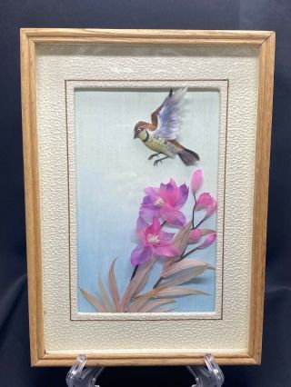 Vintage Bird Feather Art Shadow Box Style 3D Birds Flowers Framed 10 1/2 X 7 1/2 3