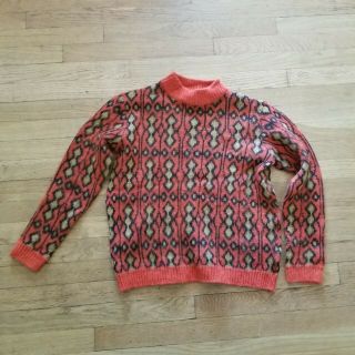 Vintage 60s 70s Mens Knit Red Retro Pattern Sweater Pullover Mod Style Vtg Sz 38