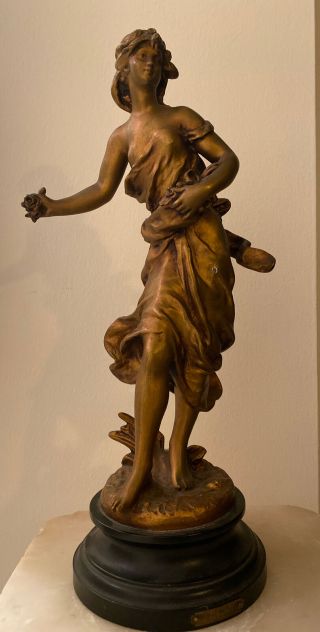 Antique Bronzed Spelter Sculpture/statue Bataille Des Fleurs Signed Hip Moreau