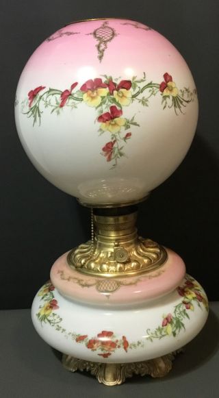 Large Wide Antique Gwtw Hand Painted Milk Glass Oil Lamp Floral 19.  5”tall Elect