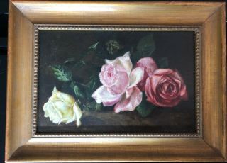 Three Roses Still Life Antique Oil Painting On Board By B.  L.