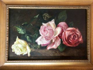 Three Roses Still life Antique Oil Painting on Board by B.  L. 2