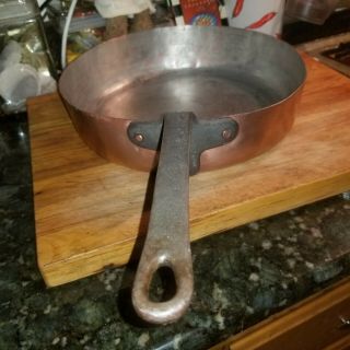 Antique French Copper Saute Pan With Wrought Iron Handle,  12 "