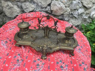 Antique French Golden Brass Heavy Double Inkwell Tray Head Figural 19th Century