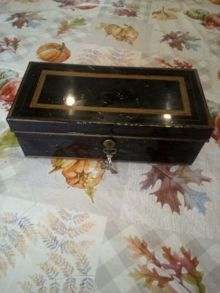 Antique Metal Hand Painted Documents Safety Deposit Cash Lock Box W Key