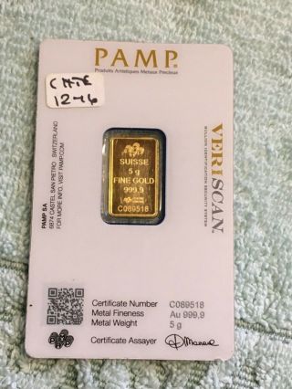 Pamp Suisse 5 gram 999.  9 fine gold bar 4
