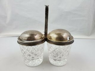 Antique Sterling Silver Hawkes Signed Cut Crystal Double Jam Condiment Jar Pots