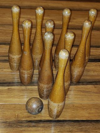 Vintage Wooden Ten Pin Bowling Game,  Ball Bowl Pins Wood Antique