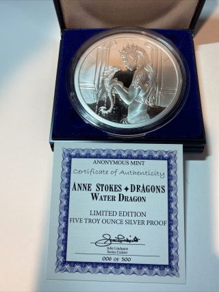 Anne Stokes Water Dragon 5 Oz.  999 Silver Coin Proof 6 Signed By Anne Stokes