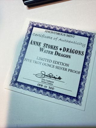 Anne Stokes Water Dragon 5 OZ.  999 Silver Coin Proof 6 SIGNED By Anne Stokes 3