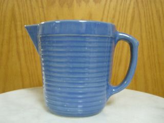 Pretty Antique Blue Monmouth Pottery Pitcher Illinois Pottery Ribbed Stone