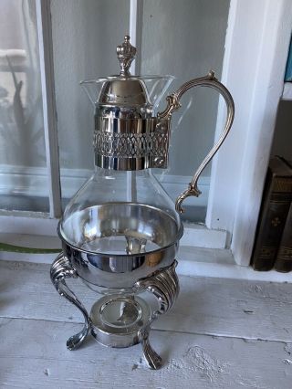 Vintage Silver Plated & Glass Coffee Carafe Pot With Warmer Stand