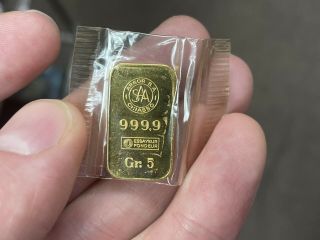 Argor S.  A.  Chiasso 5 Gram Gold Bar 999.  9 Essayeur Fondeur,  Vintage,