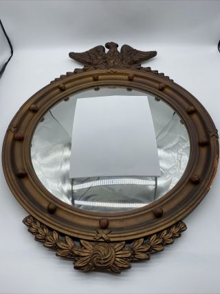 Vintage Antique 29” Federal Eagle Bullseye Convex Round Gilt Wood Plaster Mirror