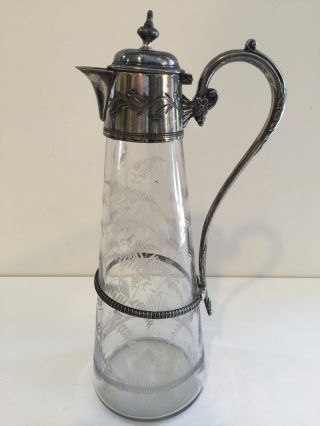 Antique Art Nouveau Glass With Silverplate Carafe Claret Jug Pitcher,  12 " Tall