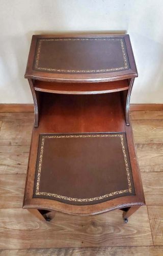 Vintage Mahogany End Table Leather Inserts 2 Tier Removable Shelf Wheels