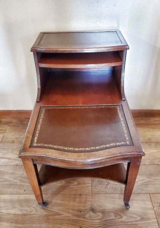 Vintage Mahogany End Table Leather Inserts 2 Tier Removable Shelf Wheels 2