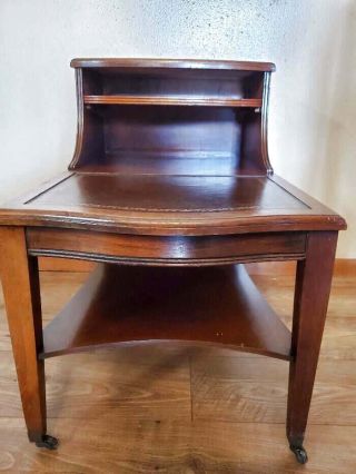 Vintage Mahogany End Table Leather Inserts 2 Tier Removable Shelf Wheels 3