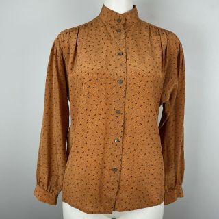Vtg 80s Jack Mulqueen Chemise 100 Silk Blouse Shirt Burnt Sienna Print Size 8