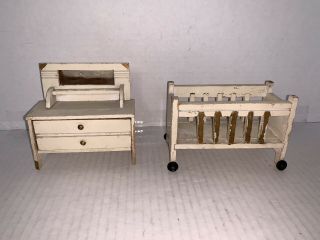 Antique Doll House White And Gold Crib And Mirrored Dresser
