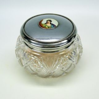 Antique Gorham Sterling Silver & Cut Glass Dresser Jar Box With Enamel Portrait