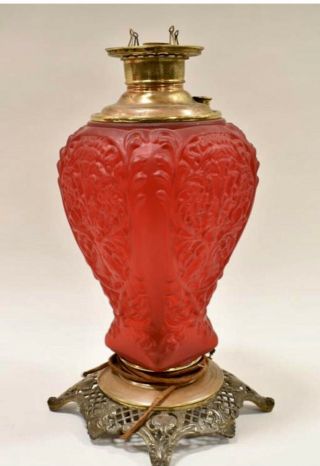 X - Large Antique Victorian Ruby Red Glass Miller Kerosene Oil Lamp Banquet Gwtw
