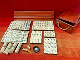 Antique Mahjong Set Hand Carved,  Painted,  Bone,  Bamboo Tiles With Bone Sticks