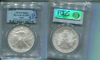 2008 W Reverse 2007 American Silver Eagle 1 Ounce.  999 Fine Coin Pcgs Ms69