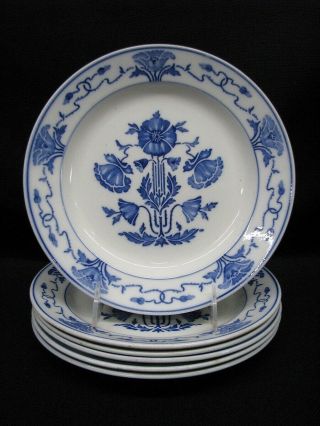 6 Antique Art Nouveau 9 " Plates Poppys Blue White Villeroy Boch Dresden Germany