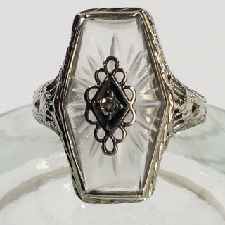 Antique 1920s Camphor Glass Diamond 14k White Gold Filigree Ring Size 5 Hexagona