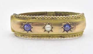 Antique Circa 1900 375/9k Solid Yellow Gold Sapphire & Pearl Ladies Scarf Clip