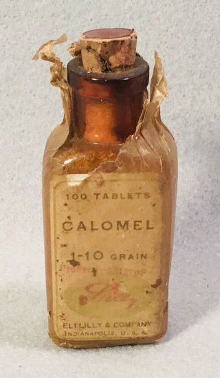 Antique Eli Lilly Calomel 100 Tablets 1 - 10 Grain 3” Bottle & Packaging