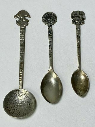 3 Vtg Mexico Pve 925 Sterling Silver Aztec Mayan Calendar Warrior Souvenir Spoon
