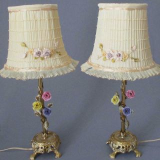Pr Antique Gilt Brass Boudoir Lamps W Porcelain Flowers Silk Shades W Ribbonwork