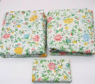 Vintage Jc Penney Percale Full Size Fitted Flat Sheet & 1 Case Juliet Floral Euc