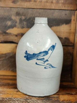 Antique 2 Gallon Jug With A Blue Cobalt Decorated Bird On A Branch.