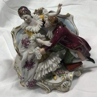 Antique German Dresden Lace Courting Couple Figurine 5.  5” Exc